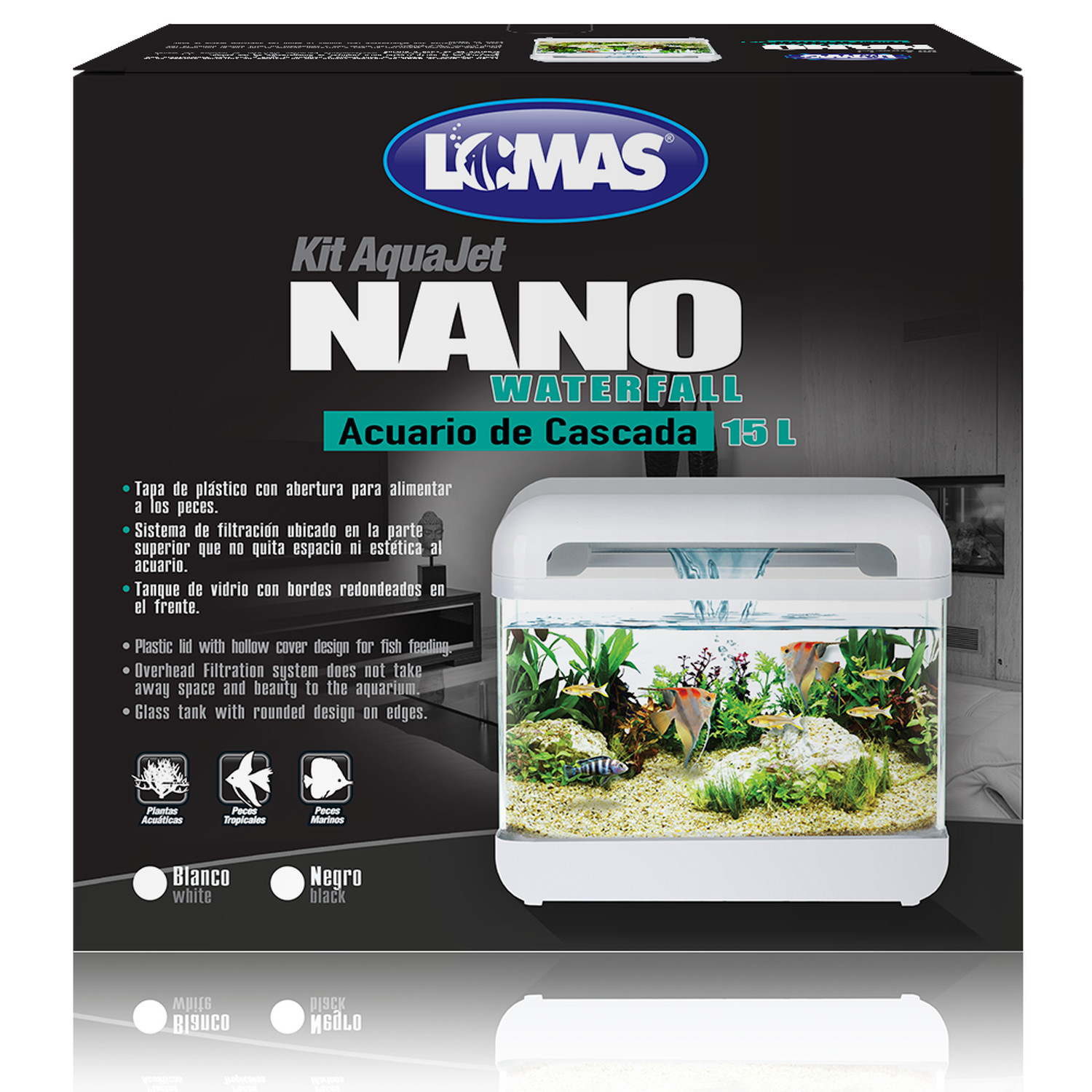Lomas acuario nano negro con filtro cascada y luz 15 litros