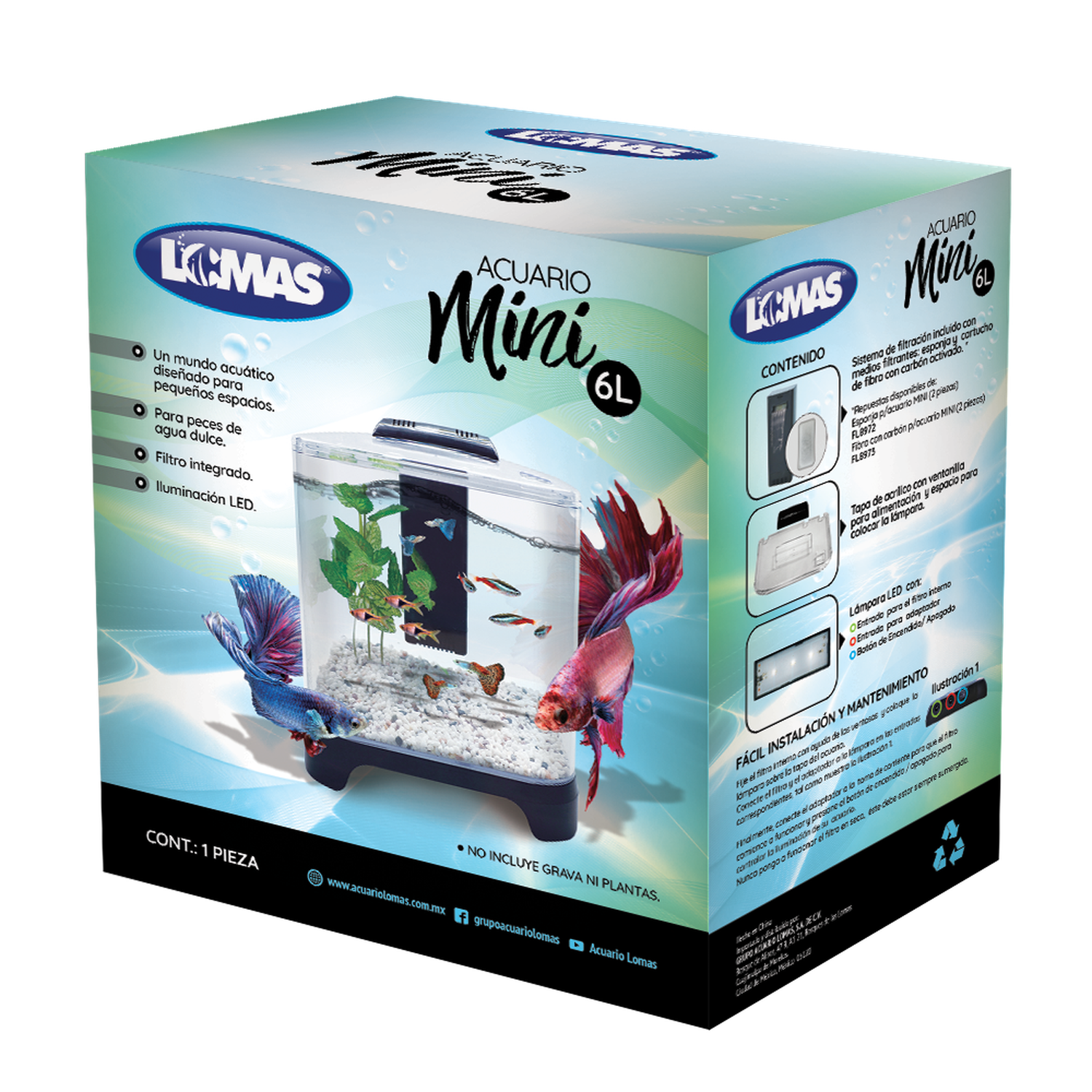 Lomas Acuario Mini de 6 lt, con filtro y lámpara Led betta