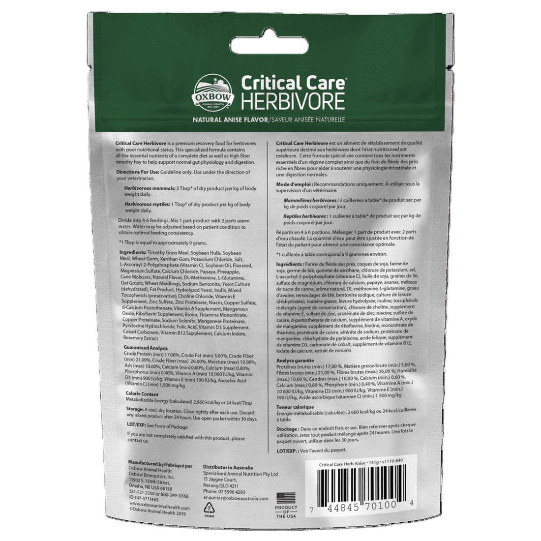 Oxbow critical care anís conejo cuyo tortuga iguana 141g | G.Valkyria - imagen 1