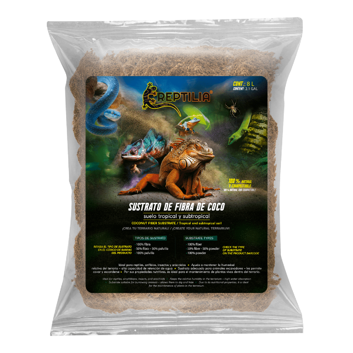 Reptilia Sustrato De Coco 100% Fibra reptiles y anfibios 8L | G.Valkyria - imagen 1